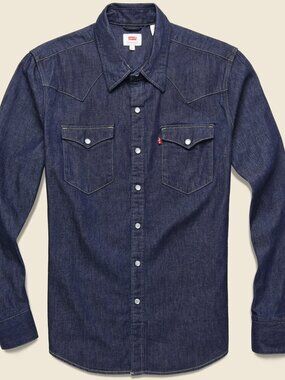Levis Mens Western Standard Fit Denim Shirt Snap Button Closure Navy Blue Small